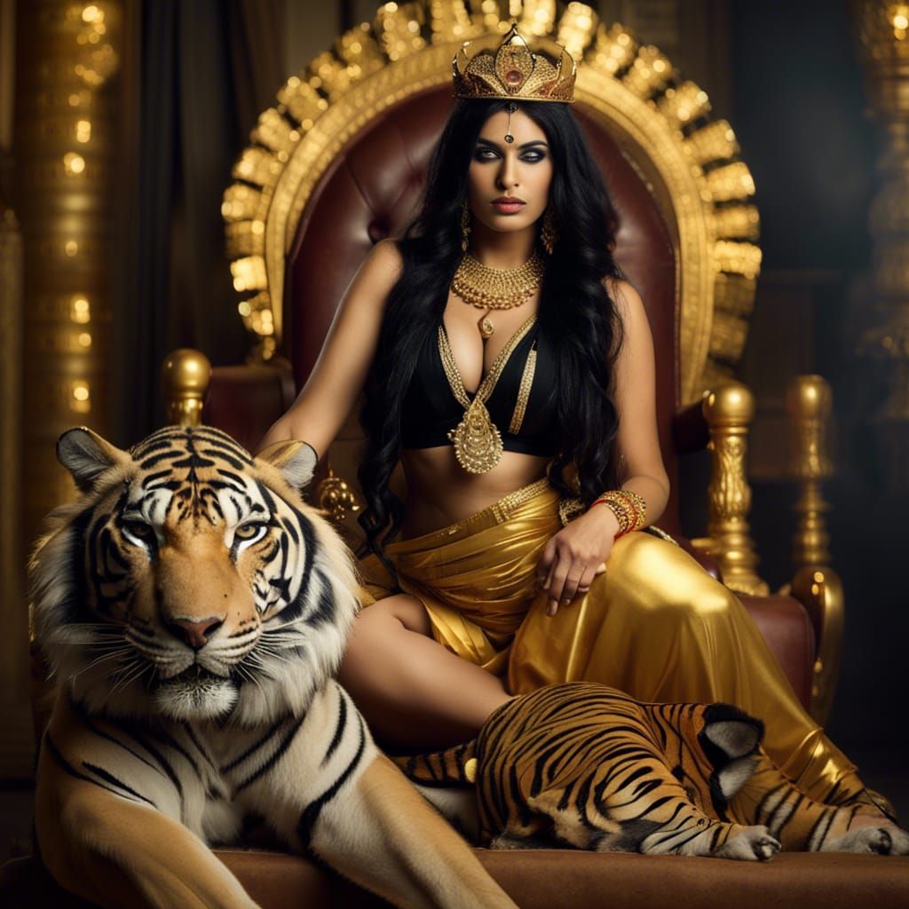 Exotic Indian Queen Smirks on Throne with Her Tiger