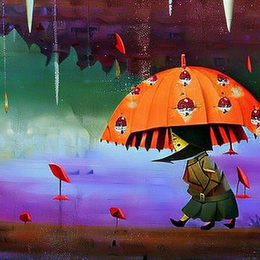 Anime Sadness with Umbrella in Autumn Rain