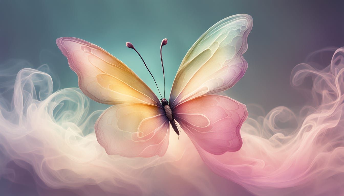 Delicate Butterfly Emerges from Pastel Clouds in Whimsical W...