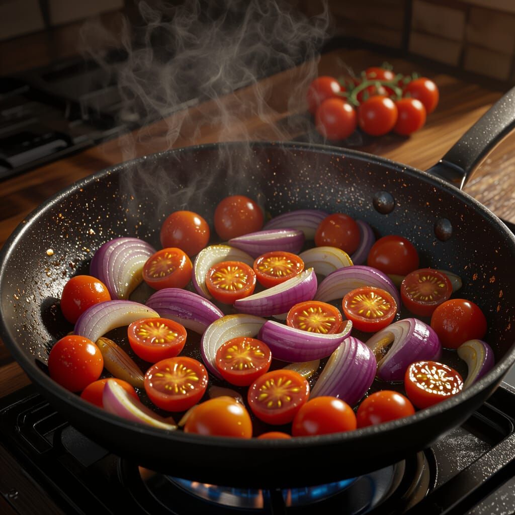 Realistic Sautéing Onions and Tomatoes in a Pan