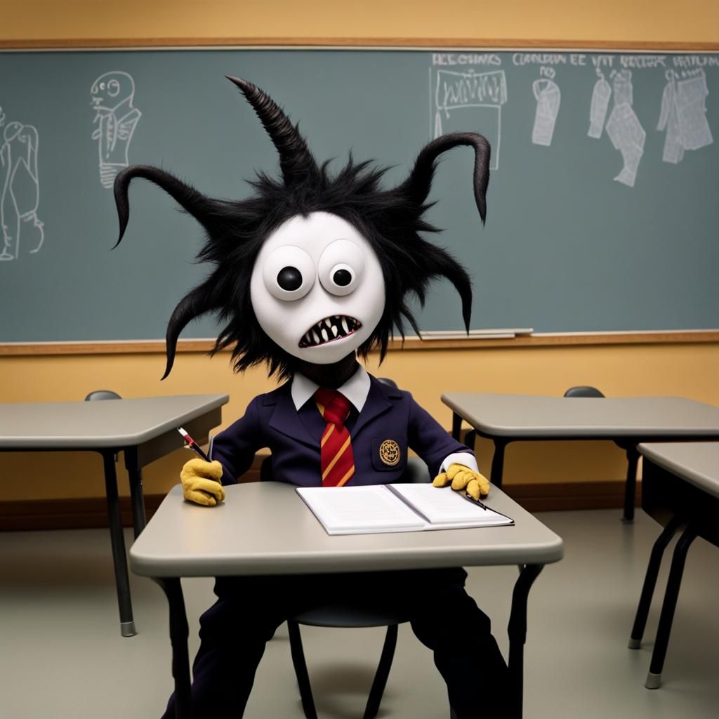 A Tim Burton style monster dressed in school uniform, sitting at a desk in a classroom.