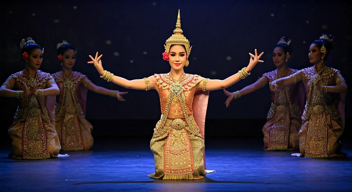 Thai Dancers in Elegant, Iridescent Costumes Perform a Mesme...