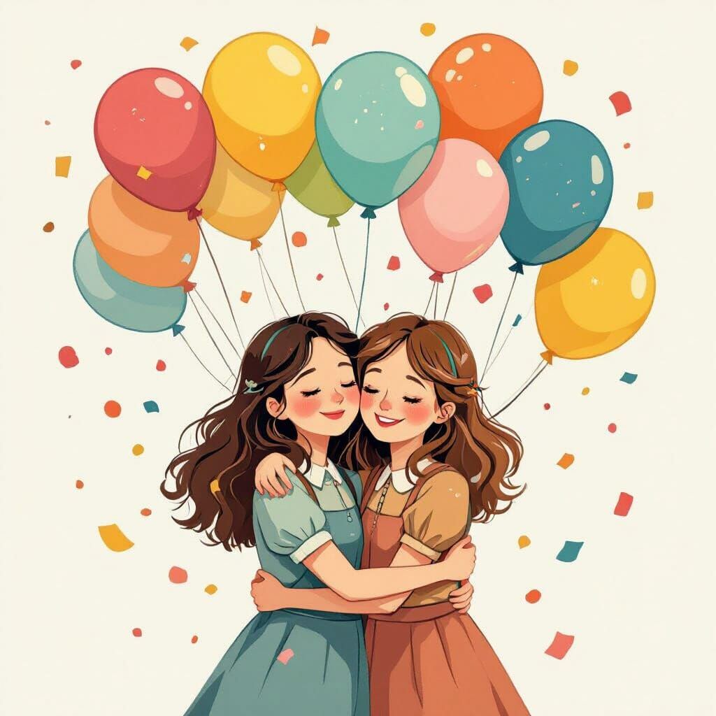 Friends Embracing with Balloons in Whimsical Art Nouveau Sty...