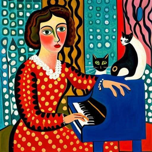 Girl Plays Piano for Kittens in Whimsical Scene