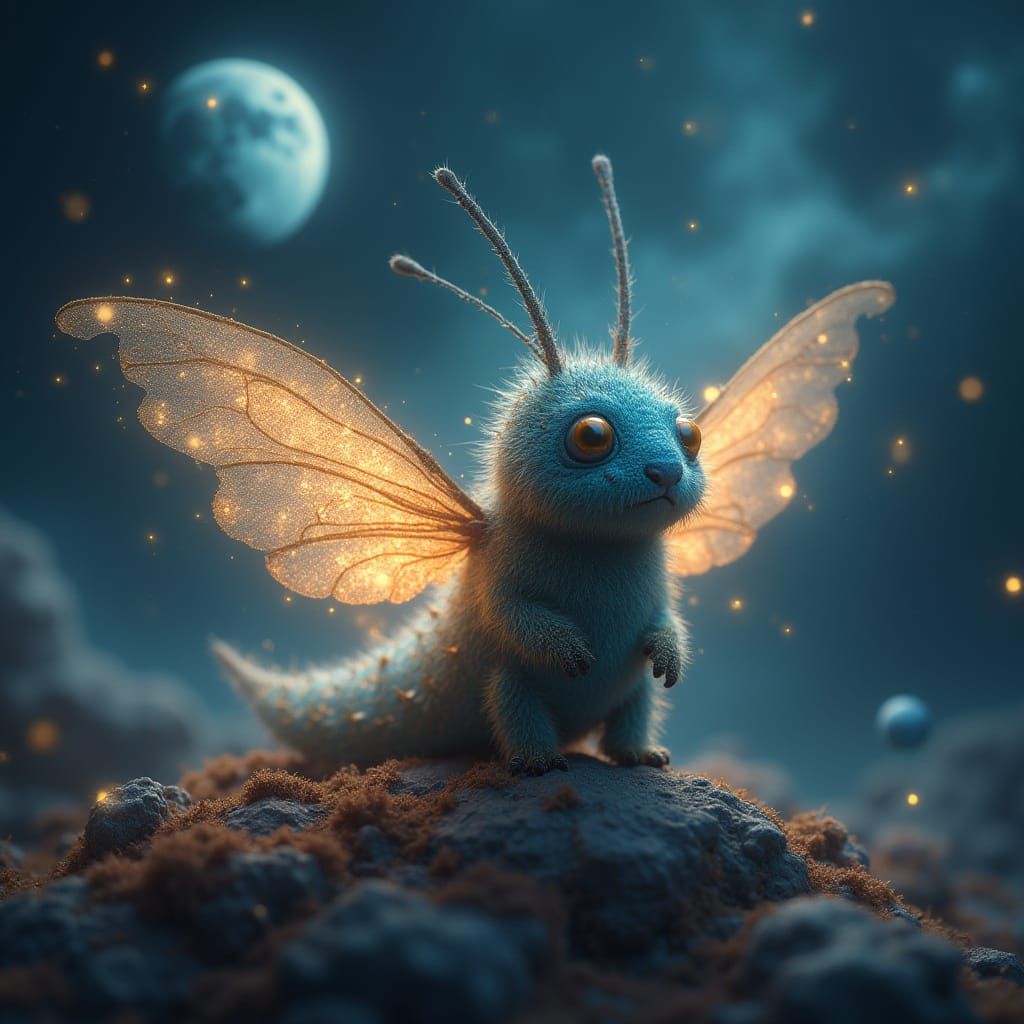 Caterpillar Weaving Wings from Stardust in Surreal Style