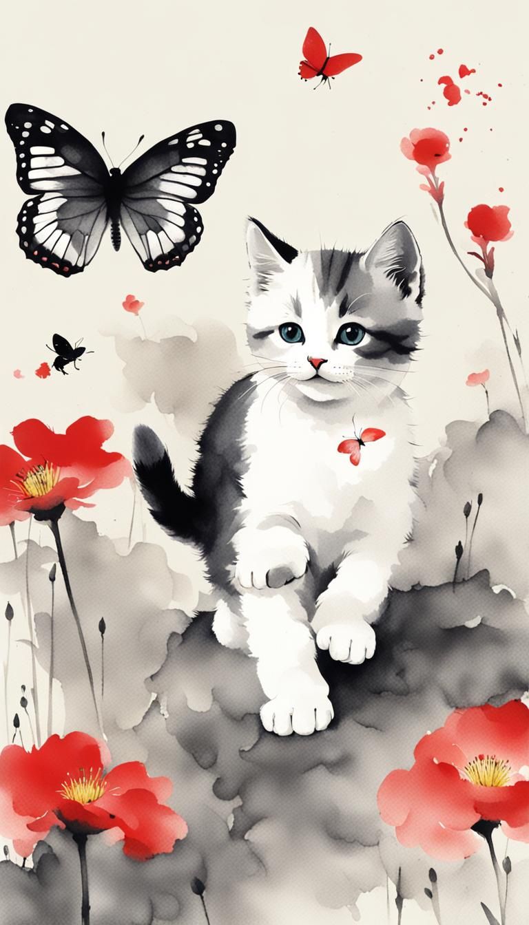 Whimsical Ink Painting of a Kitten in a Floral Garden