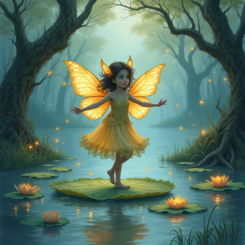 Mischievous Sprite Dances on Lily Pad in Misty Pond