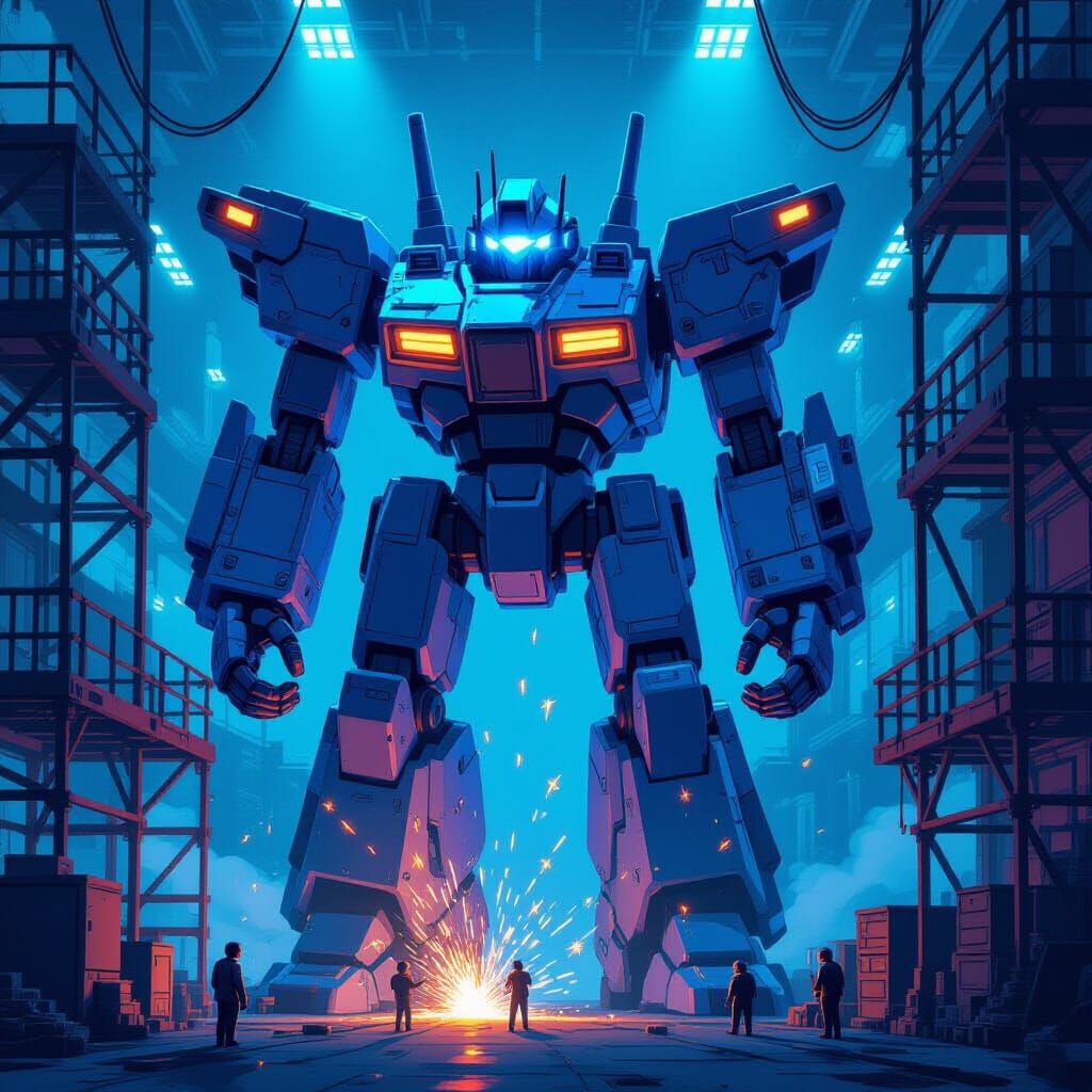 Giant Mech Repaired in Detailed 2D Pixel Art