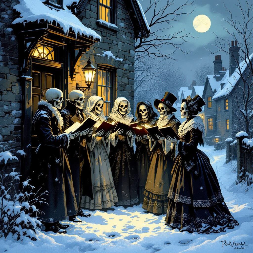 Victorian Gothic Skeletons Caroling in Snowy Village