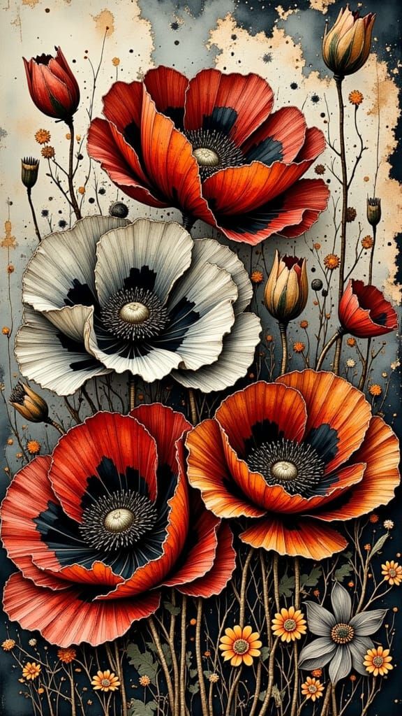 Antique Letters with Poppies in Watercolor Style