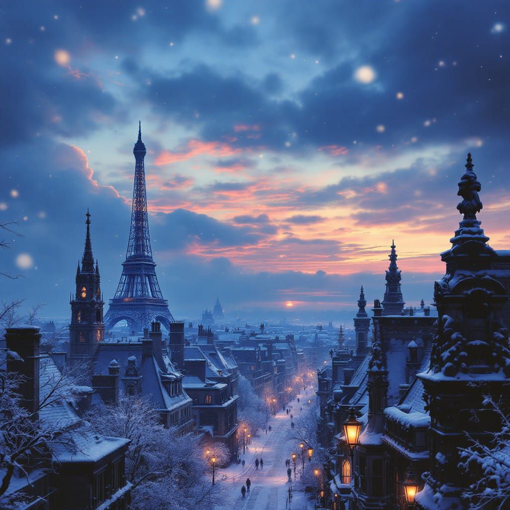 Ethereal Parisian Twilight in a Fantastical 8K Winter Wonder...