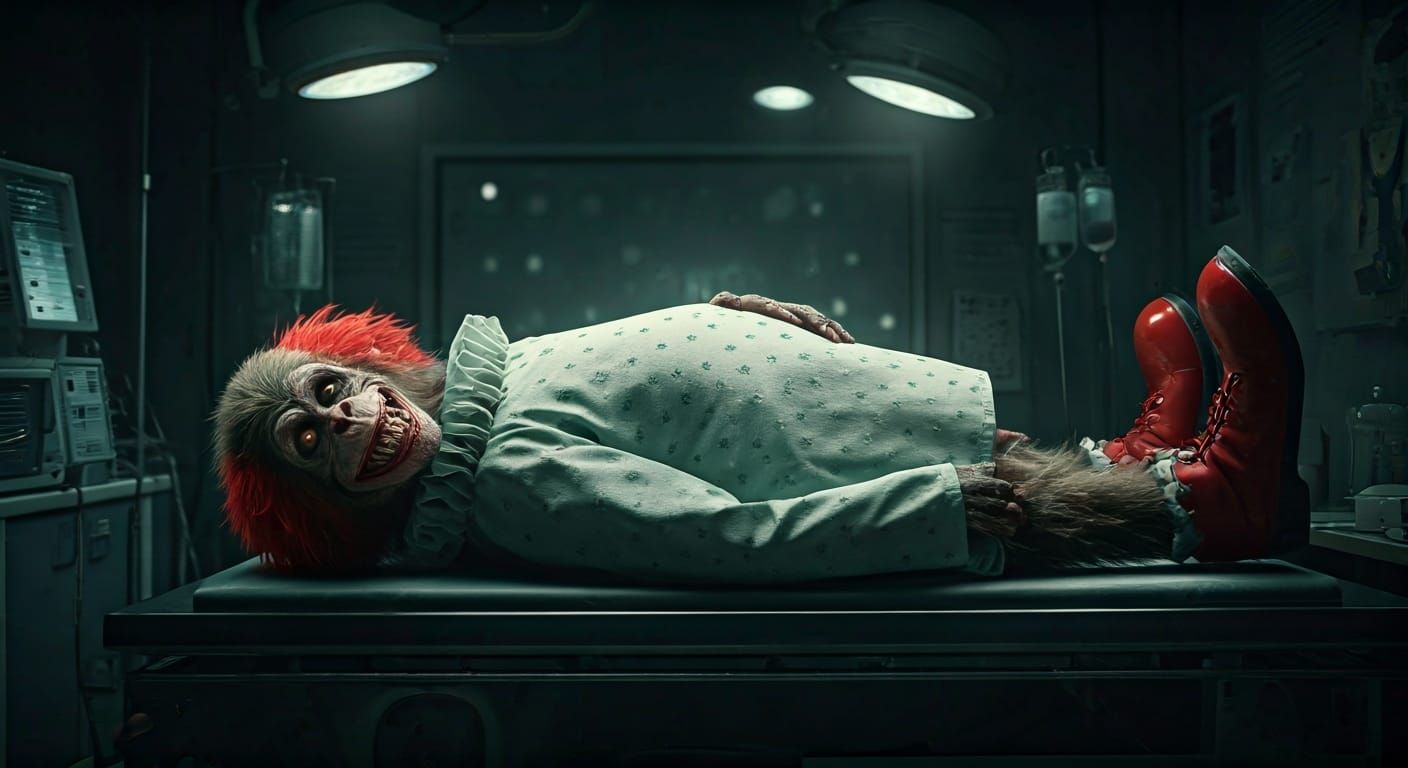 Zombie Monkey Clown Hybrid in Lab, Cinematic Style
