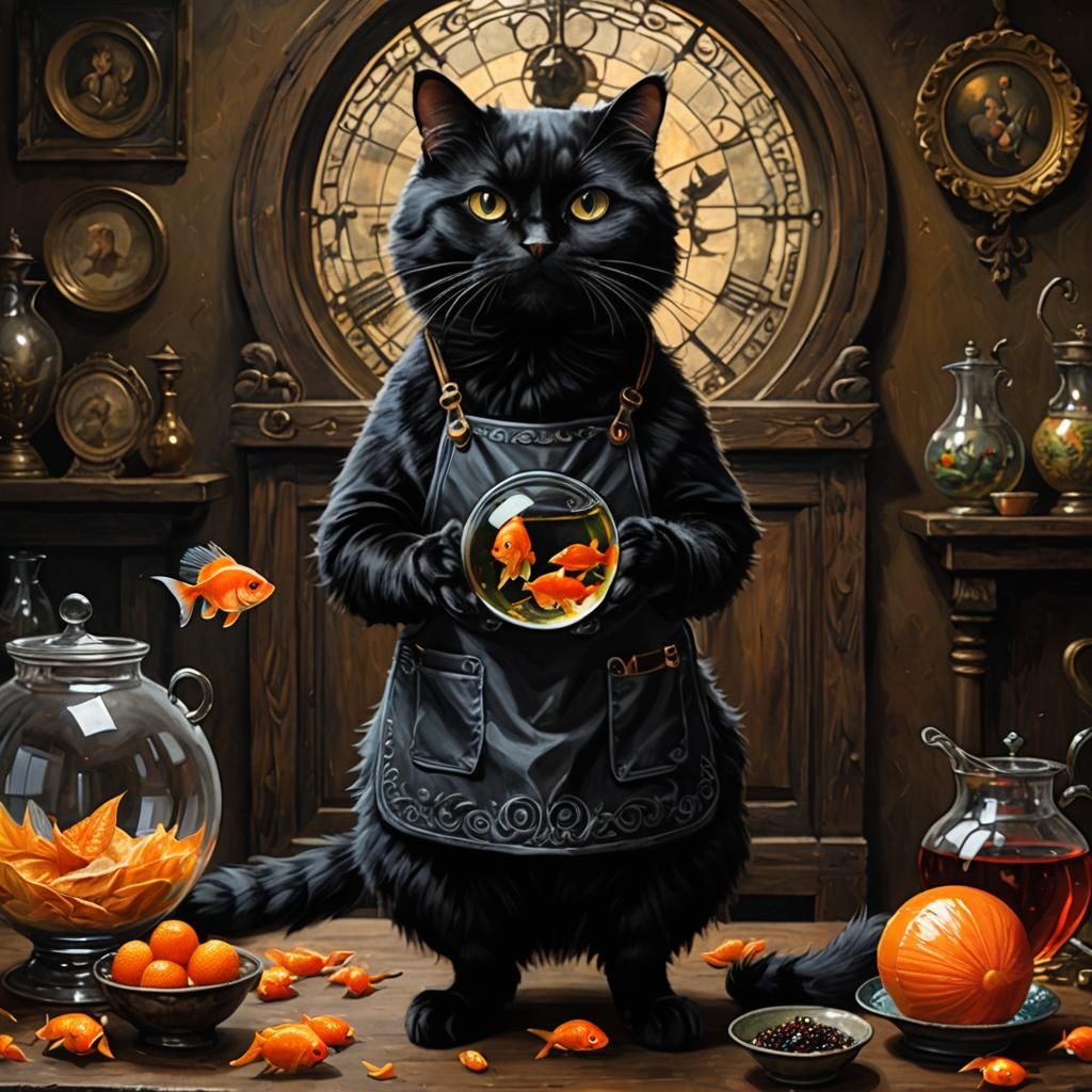 Surreal Whimsical Portrait of a Cat Hugging a Goldfish Bowl