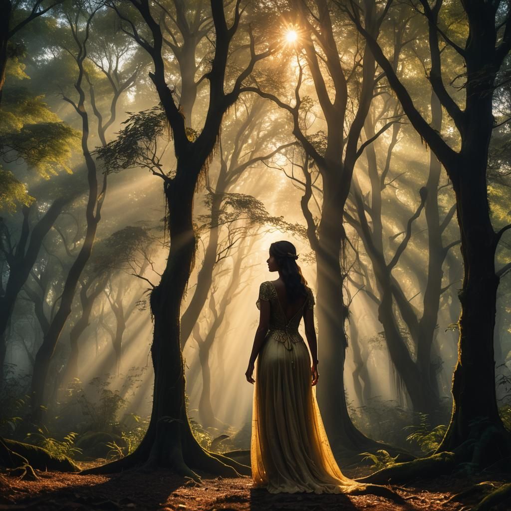 Ethereal Woman Silhouette in Mystical Forest Dawn
