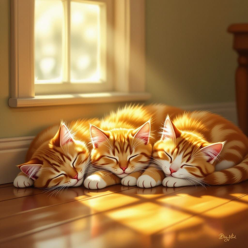 Three Orange Tabby Cats Sleep in Sunbeam