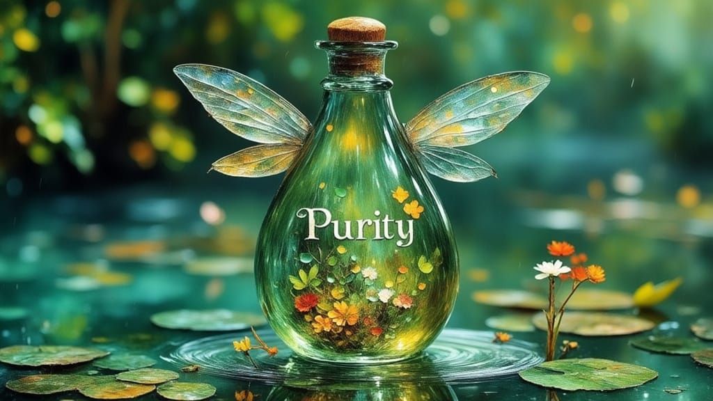 A Water Nymph Holds Up a Teardrop Glass Bottle with a Purity...