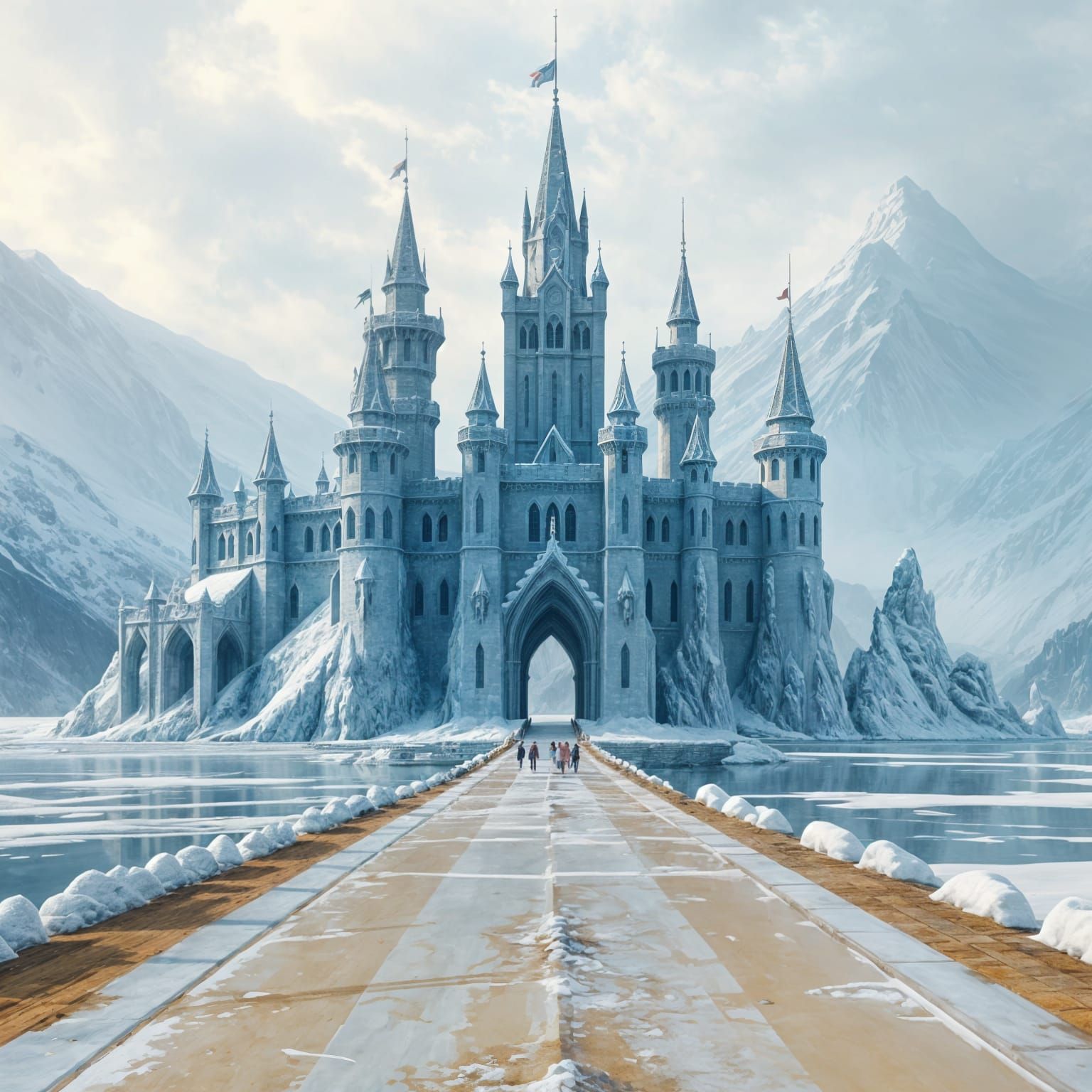 Surreal Ice Castle with Menacing Snowy Landscape