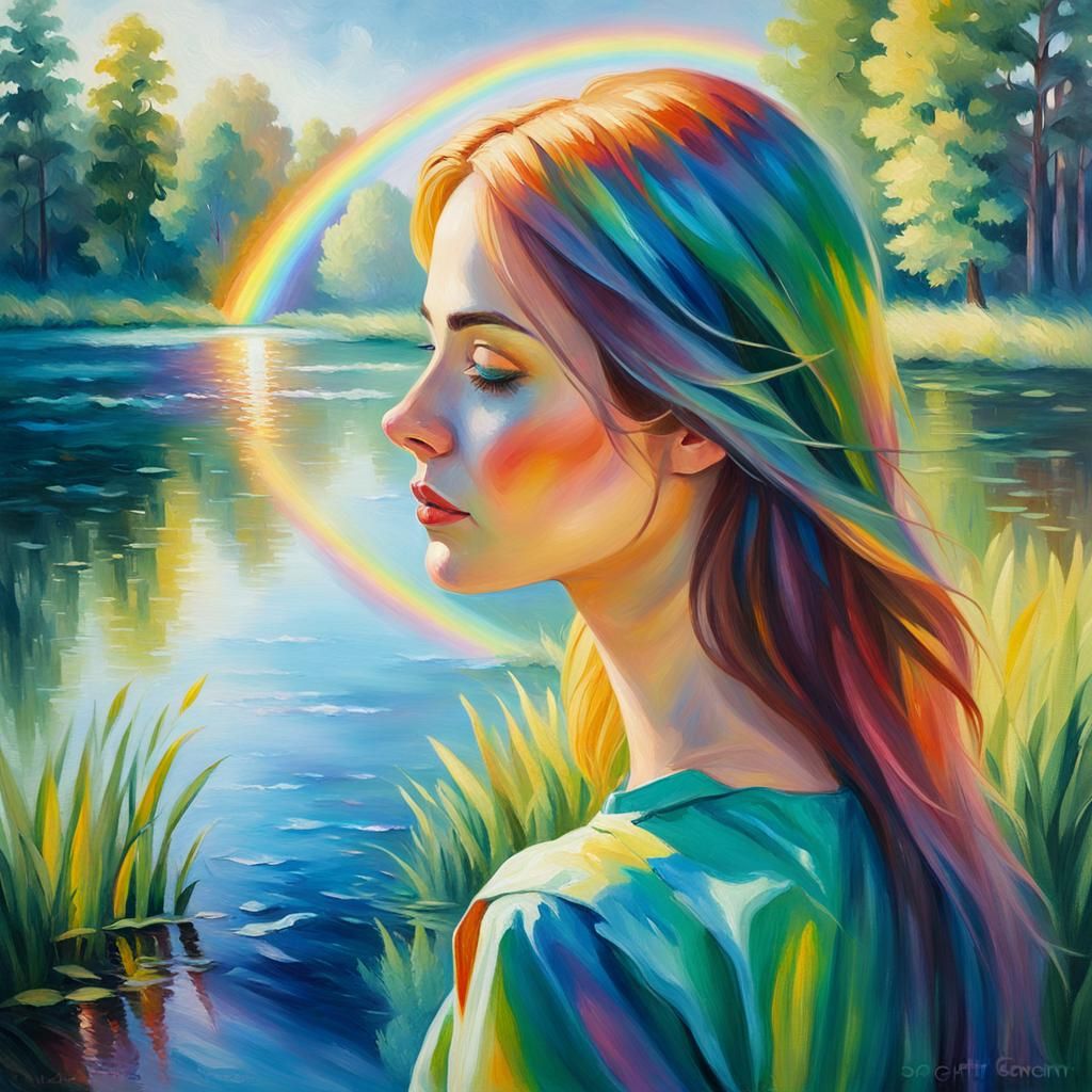 Vibrant Woman Admires Rainbow in Sunny Glade