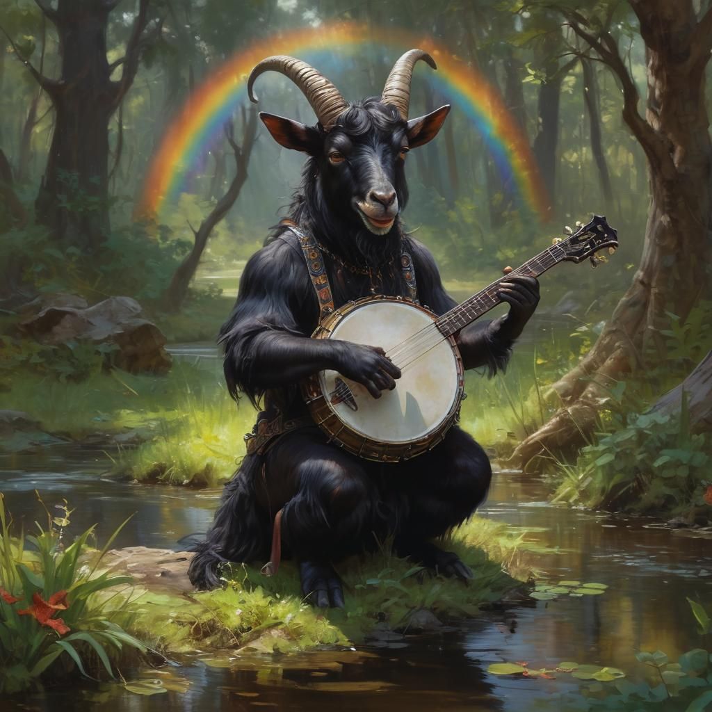 Whimsical Baphomet Banjo Player in Rainbow Swamp