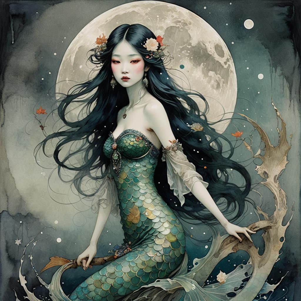 A Dreamlike Asian Mermaid Under a Full Moon