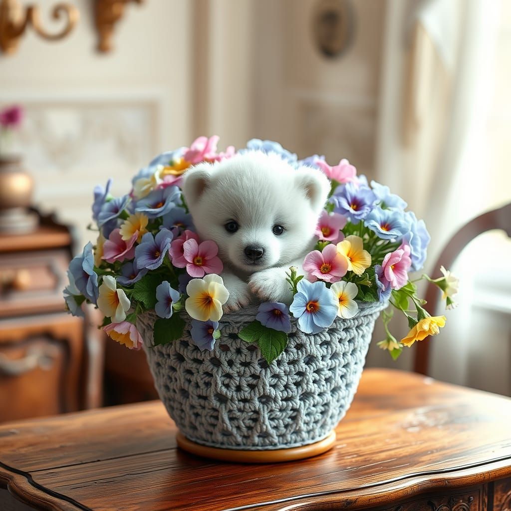 Fluffy White Bear Cub in Crochet Flower Pot