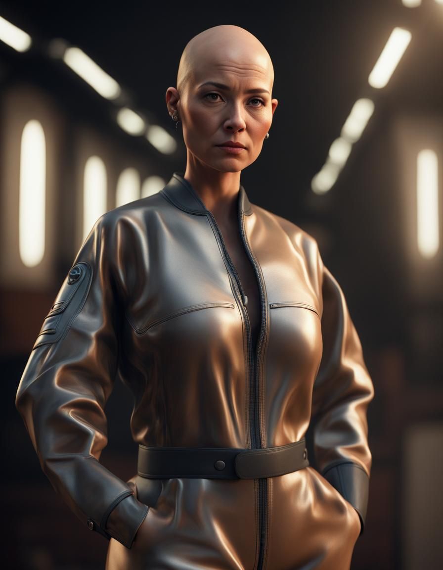 Bald mexican woman wearing equipment-covered jumpsuit photorealistic volumetric lighting
