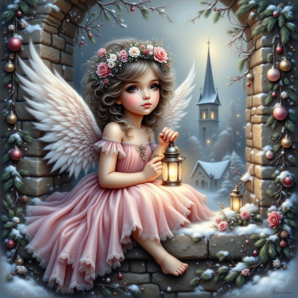 Angel with Lantern in Snowy Winter Scene