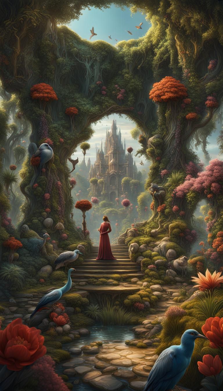 Exotic Paradise Garden Scene with Adam, Eve, and Whimsical C...