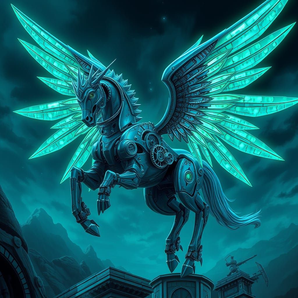Cyberpunk Pegasus in Victorian Steampunk Landscape