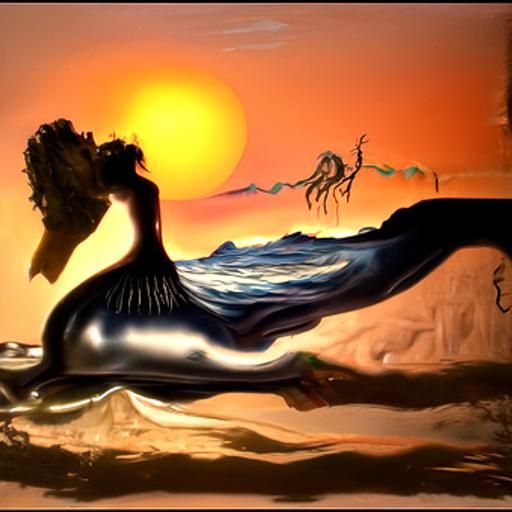 Surreal Ocean Sunrise with Mermaid, a Dali-Inspired Dream