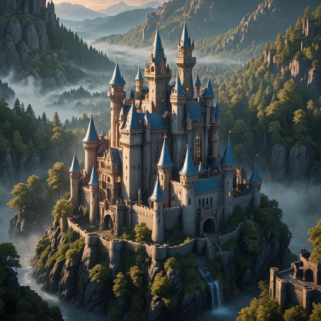 Epic Castle in Misty Forest Scene in Cyberpunk Style