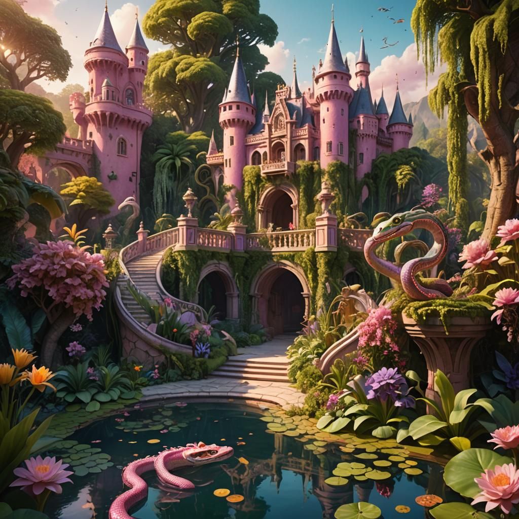Enchanted Pink Castle in a Tropical Fantasy Landscape