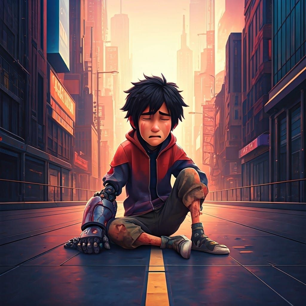 Superhero in Despair Amidst Industrial San Fransokyo