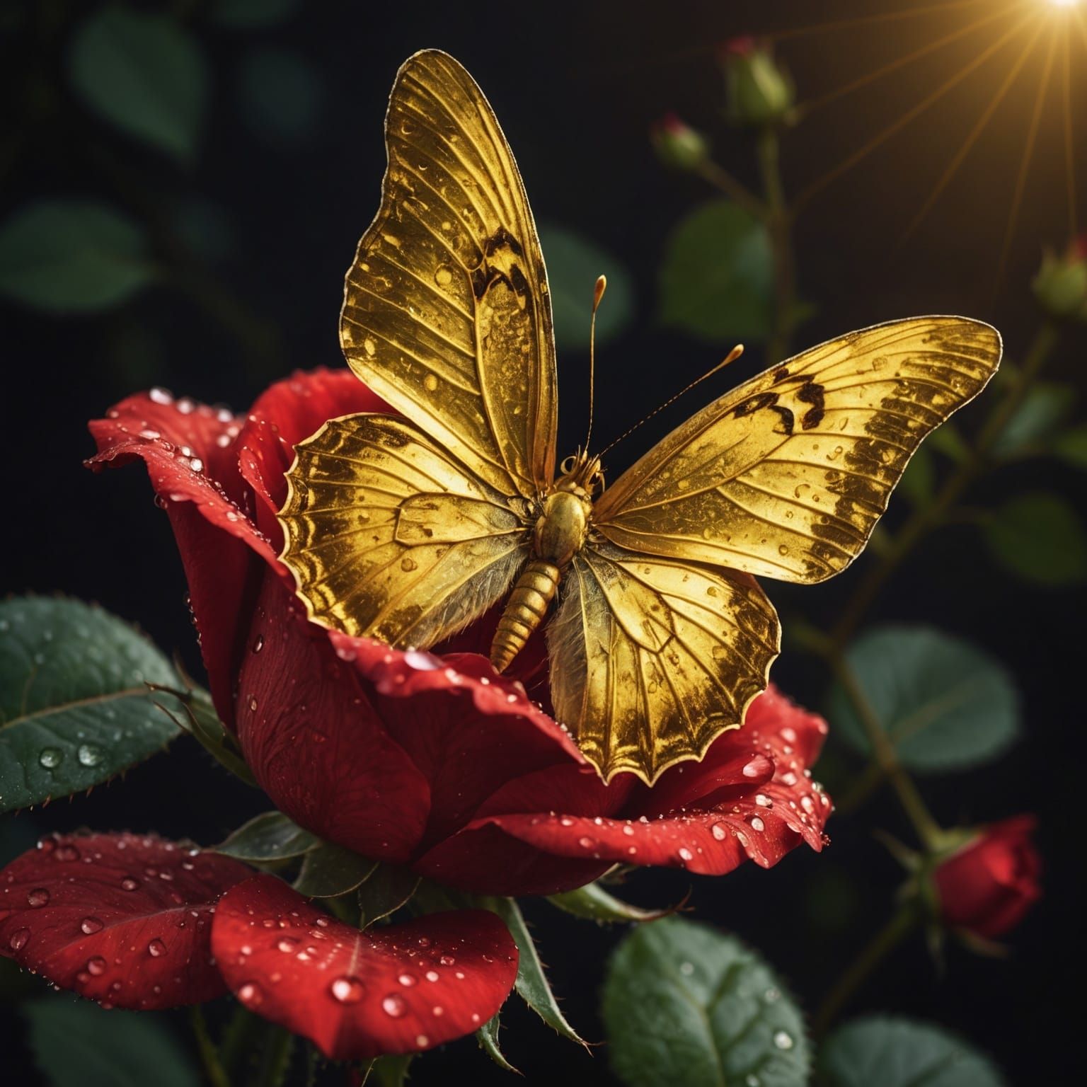 Golden Butterfly on a Dewy Red Rose in Hyperrealistic Style