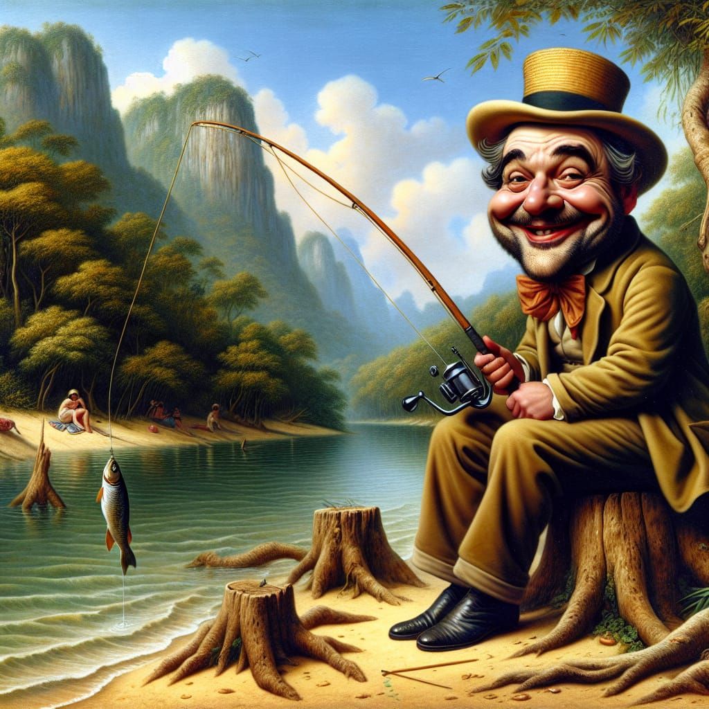 Whimsical Historical Figure in a Jungle Fishing Scene, in a....