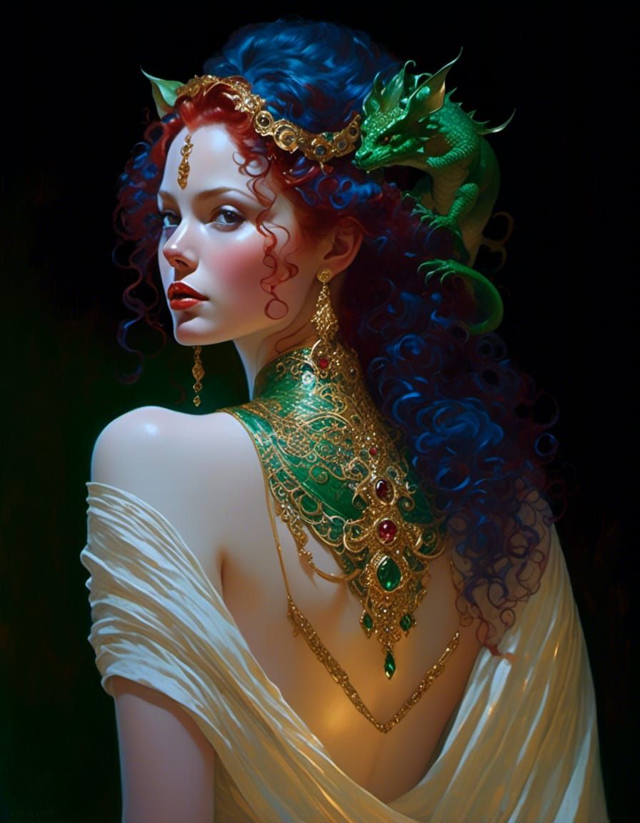 Hyperrealist Goddess with Dragon and Floral Dress