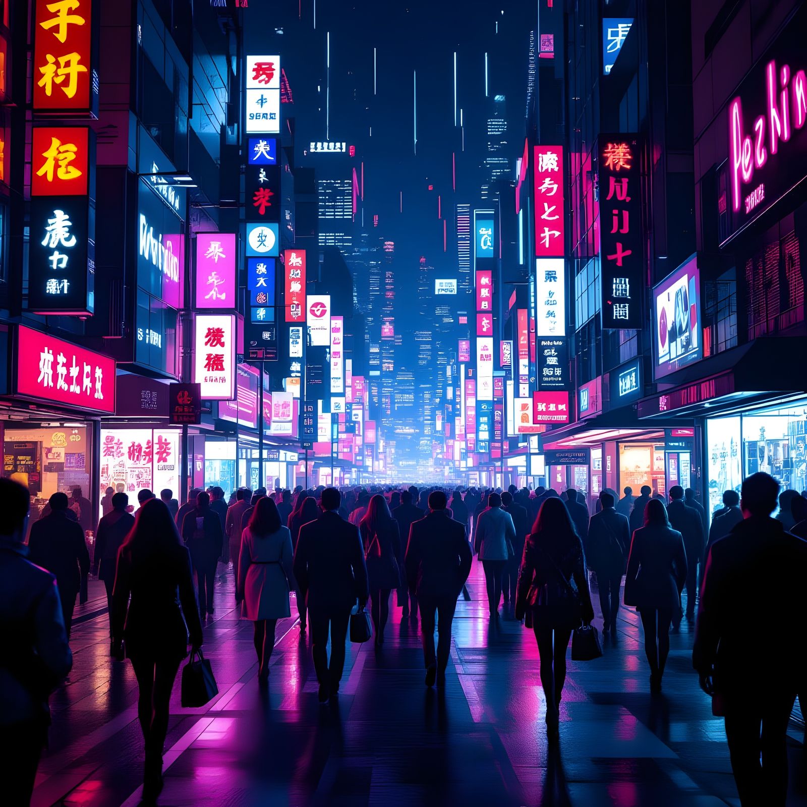 Neon Lit Crowded District in Hyperrealistic Style