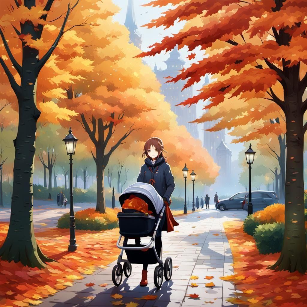 Young Mother Strolls Through Autumn Wonderland in Vibrant 3D...