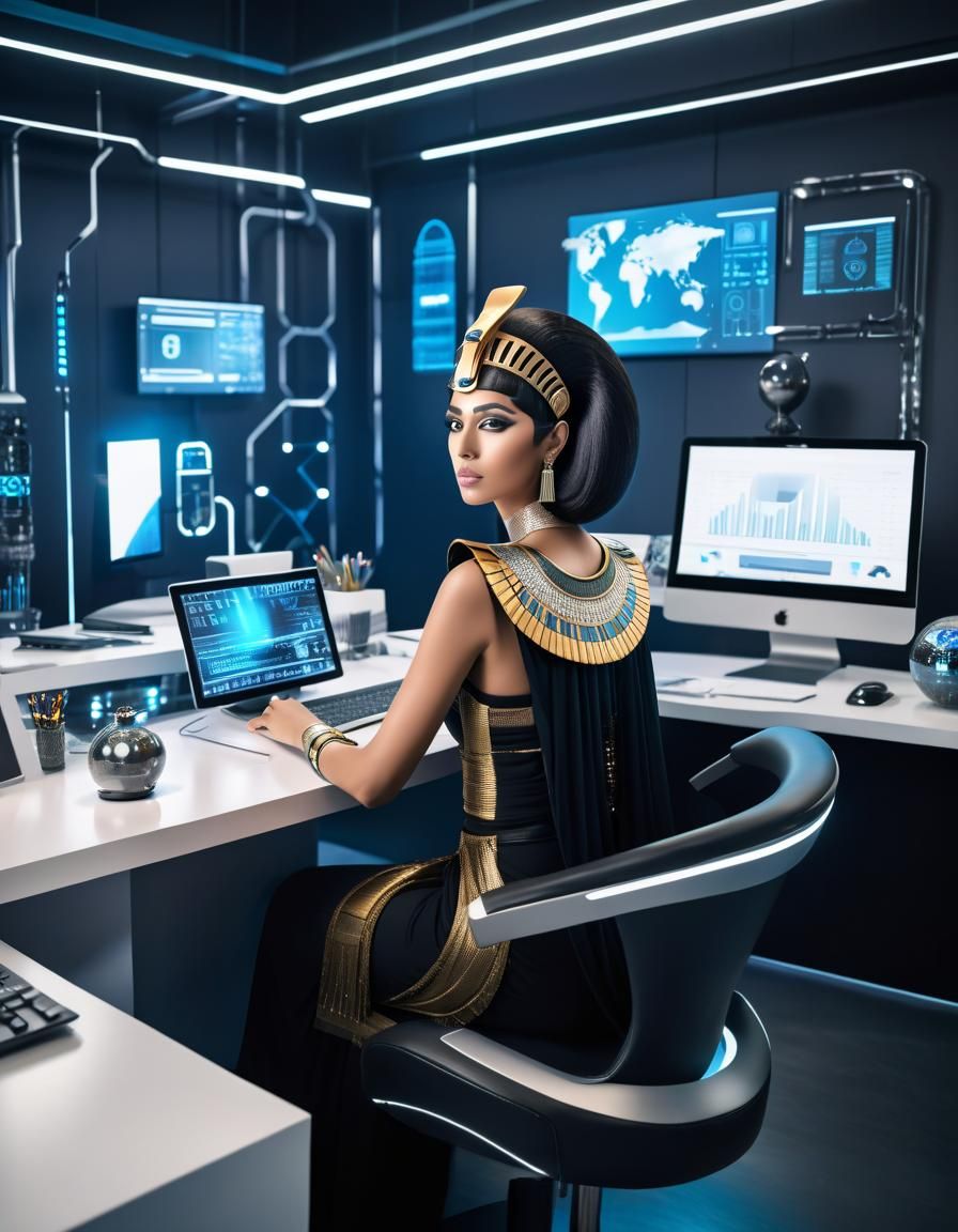Egyptian Queen Cleopatra in a Futuristic Workspace