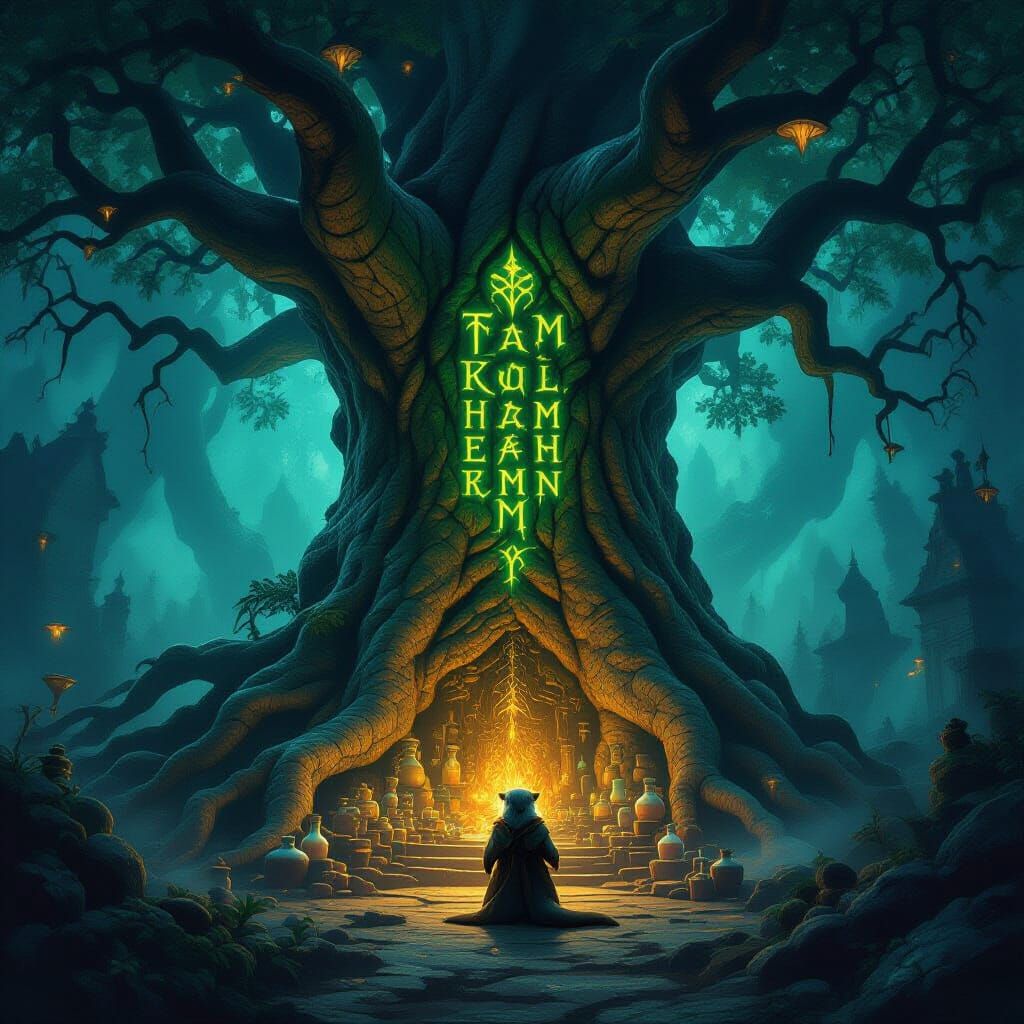 Ancient Tree Sanctuary with Otter Sorcerer in Dark Fantasy S...