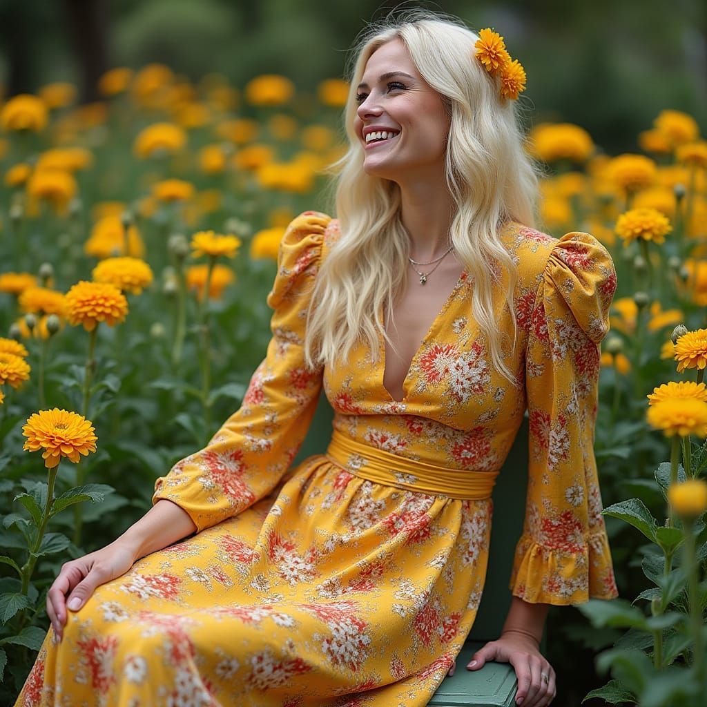 Woman in Summer Dress in Flower Garden