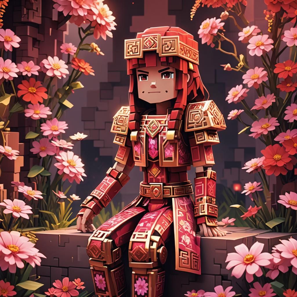 Fantastical Minecraft Character in Vibrant Red and Pink Grad...