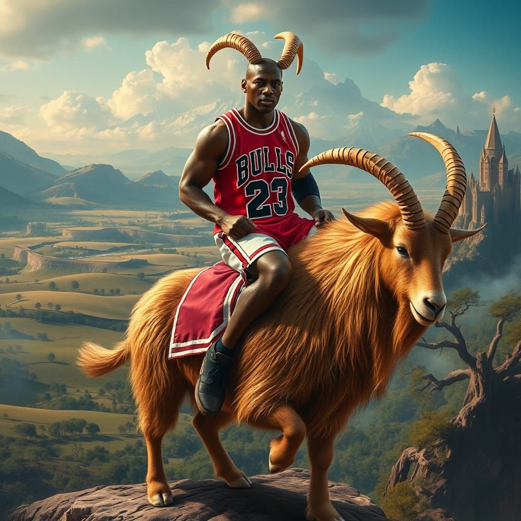 Fantasy Michael Jordan Riding a Golden Goat in a Dreamlike L...