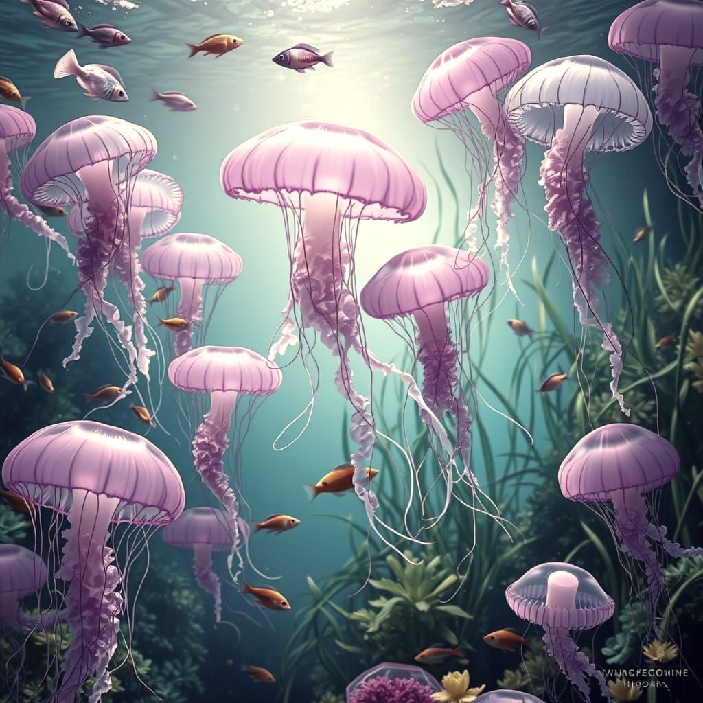 Beautiful, magical, Lots of lilac and translucent Jellyfish with different colours" swimming underwater, "Dancing up and...