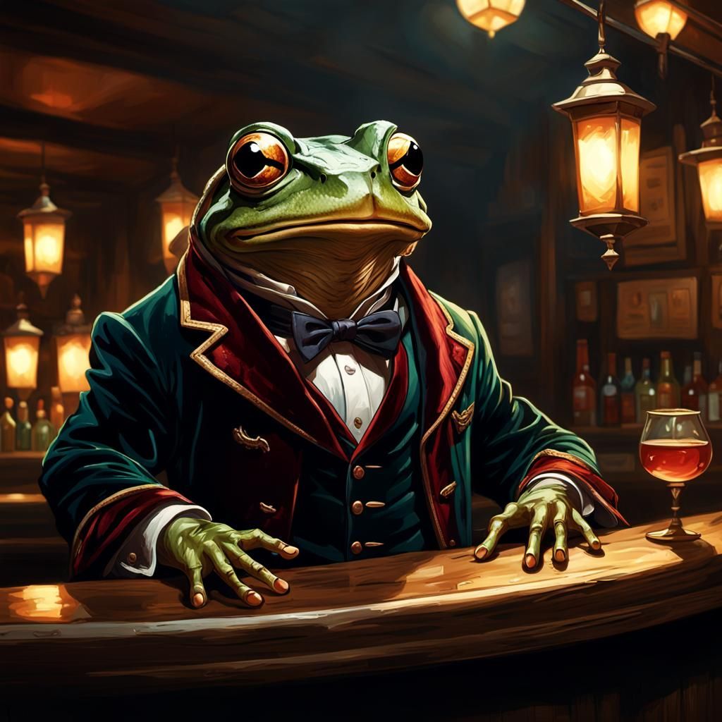 Surreal Frog in Elegant Smoking Jacket at Bar, Dark Fantasy...