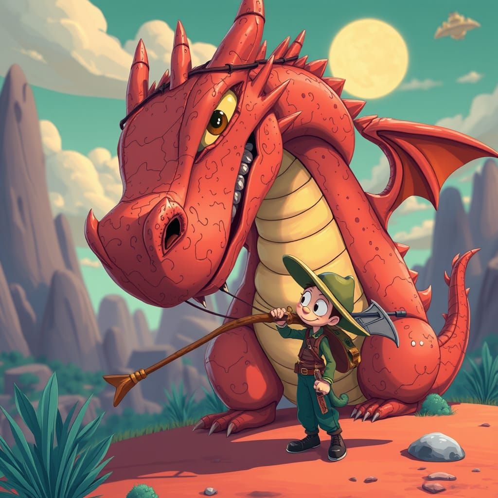 Whimsical Dragon Hunter Tends Giant Dragon in Surreal Landsc...