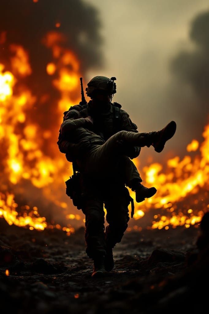 Soldier Carries Wounded Comrade in Fiery Battle