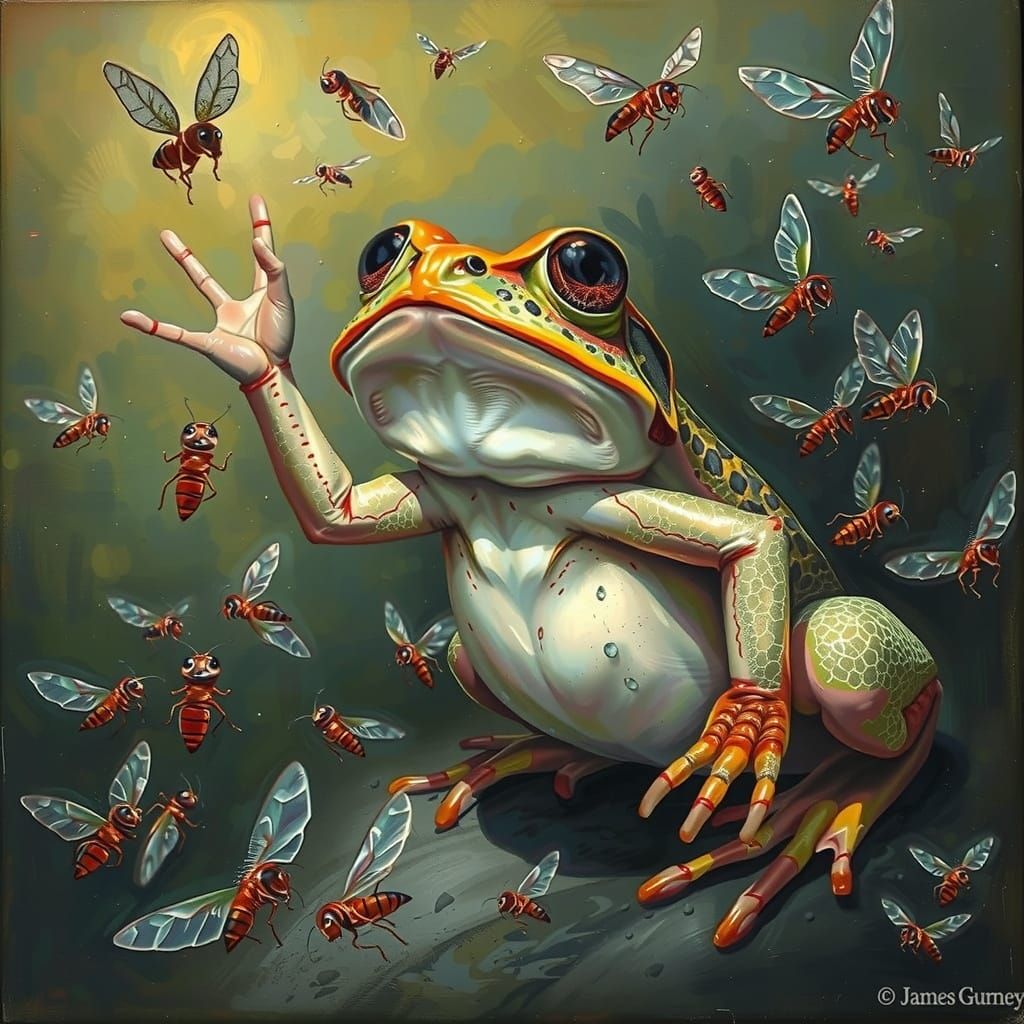 Surprised Toad Amidst Termites: Oil Painting
