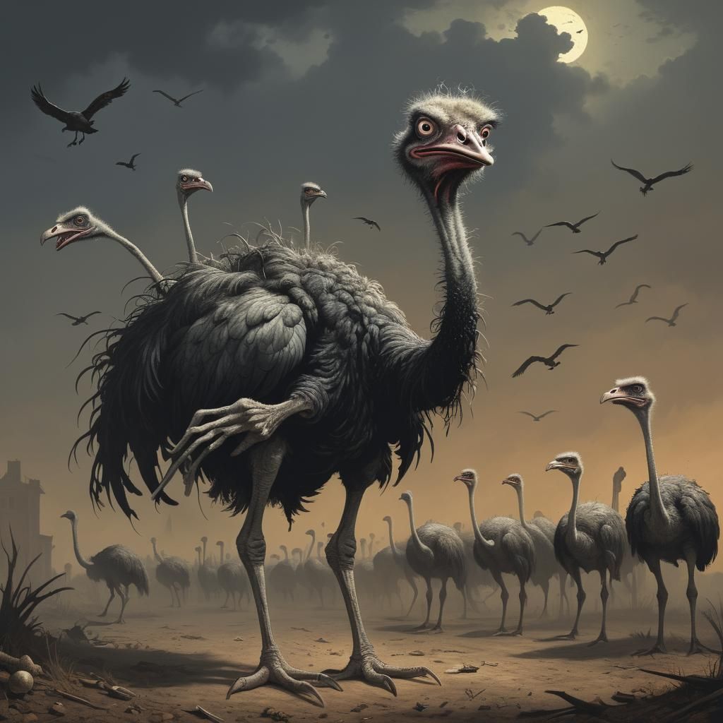 Surreal Horror Ostrich in a Dark, Gothic Landscape