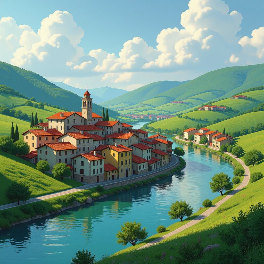 Picturesque Italian Village in Digital Matte Painting Style